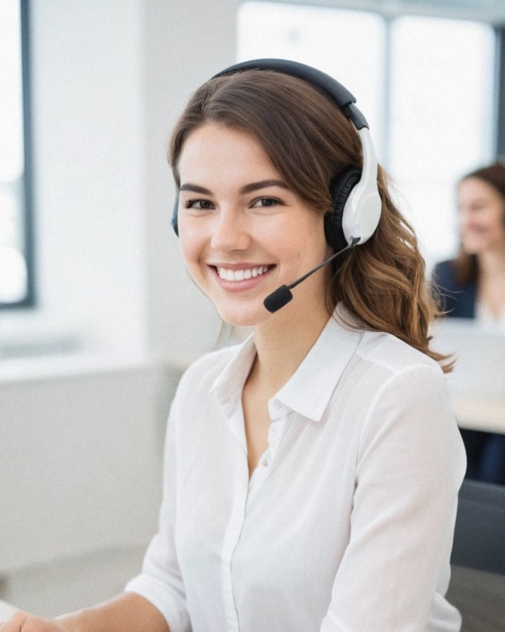 Smiling woman wearing a headset at her desk