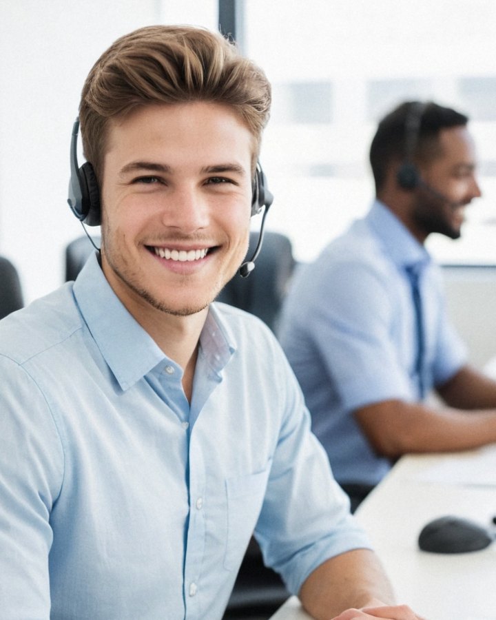 Smiling man wearing a headset at his desk