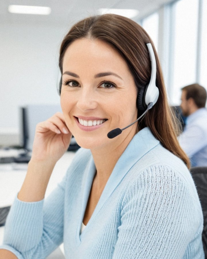 Smiling woman wearing a headset at her computer